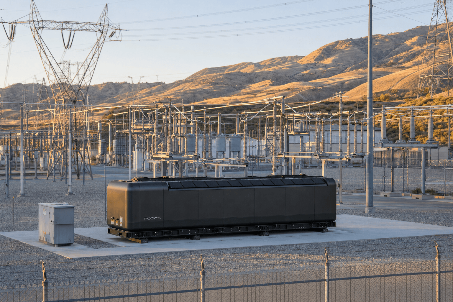 California high-voltage substation and transmission lines at dawn with a PODOS unit near a prepared site