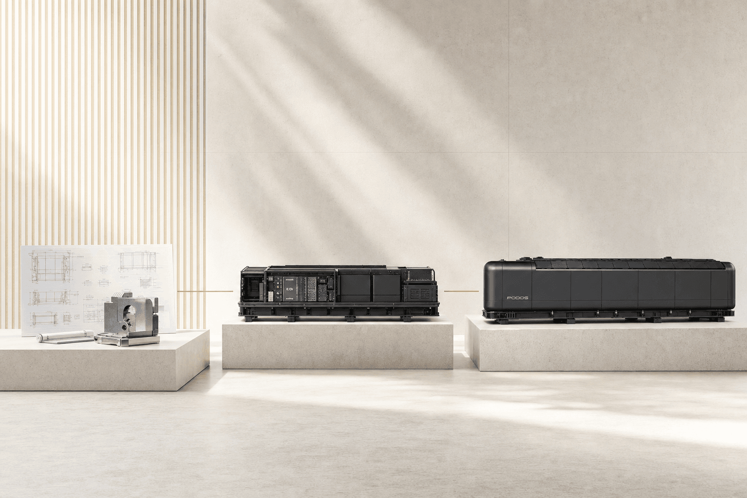 Editorial sequence from engineering drawings to components to a finished PODOS unit, linked by a thin gold line