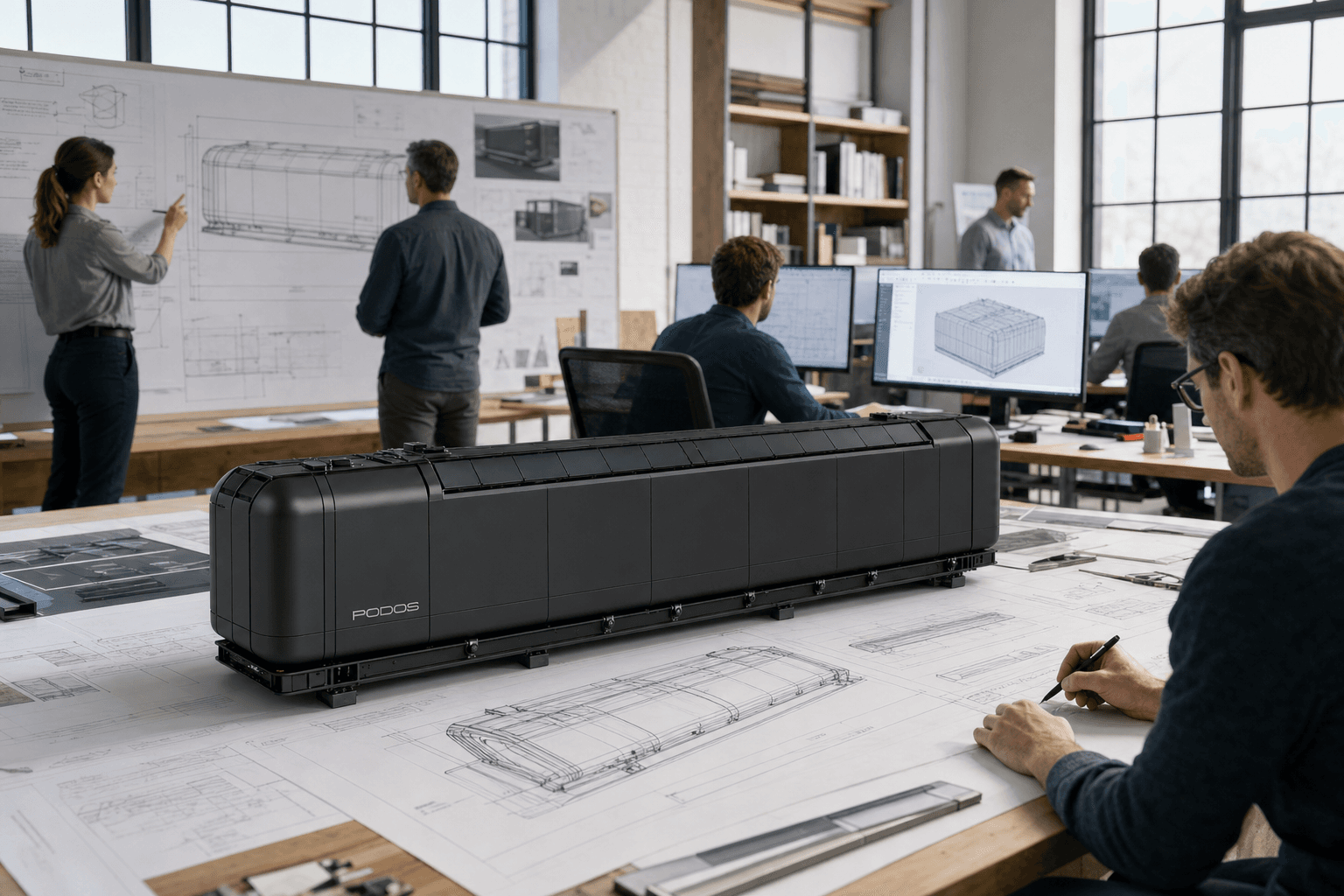 Engineers reviewing drawings and a scale model of the PODOS unit in a bright design studio