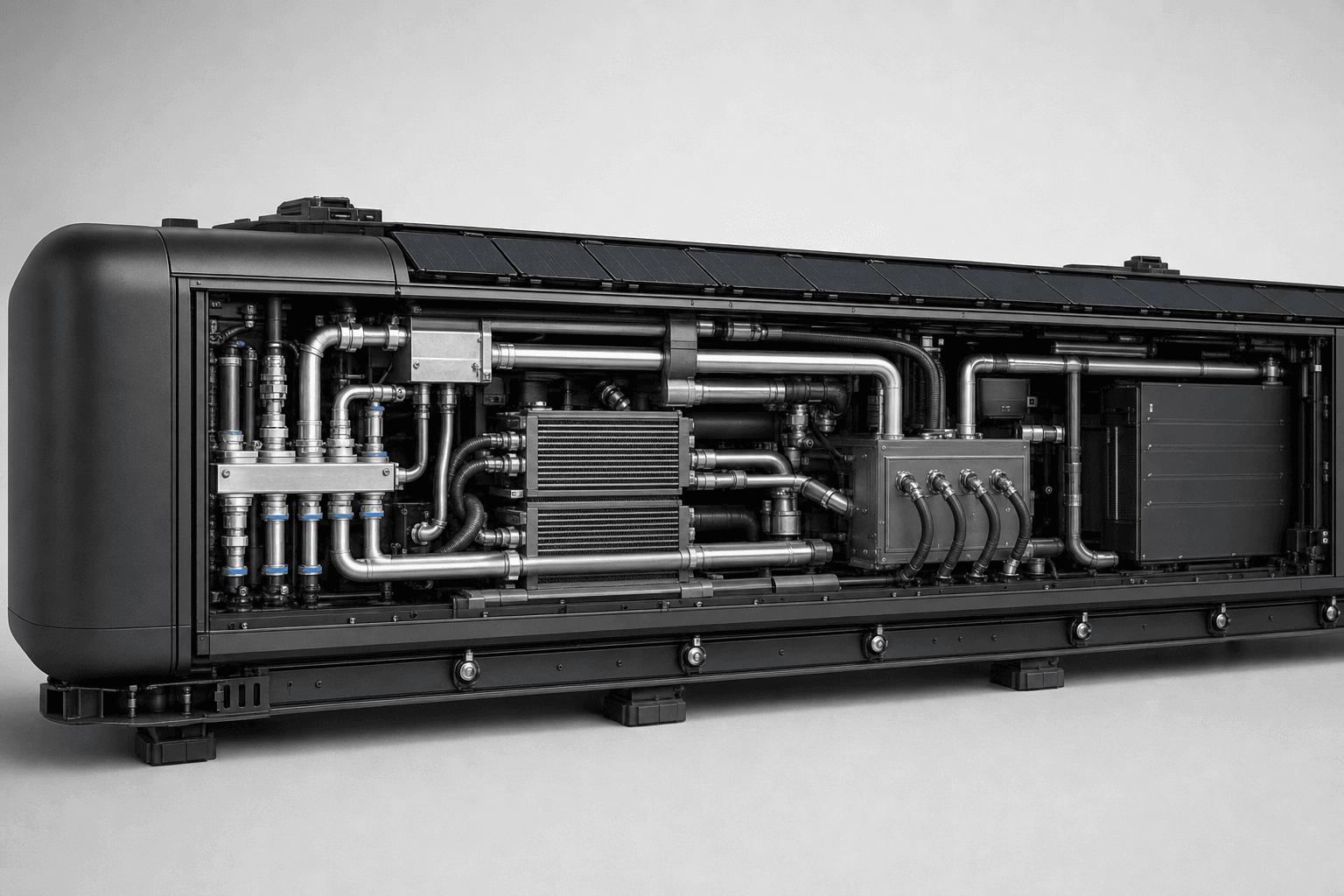Close-up of coolant manifolds and heat exchangers inside the PODOS unit
