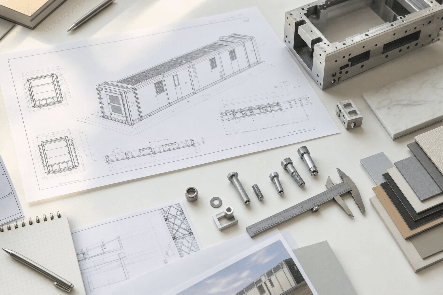 Engineering drawings, machined components and measurement tools on a bright desk
