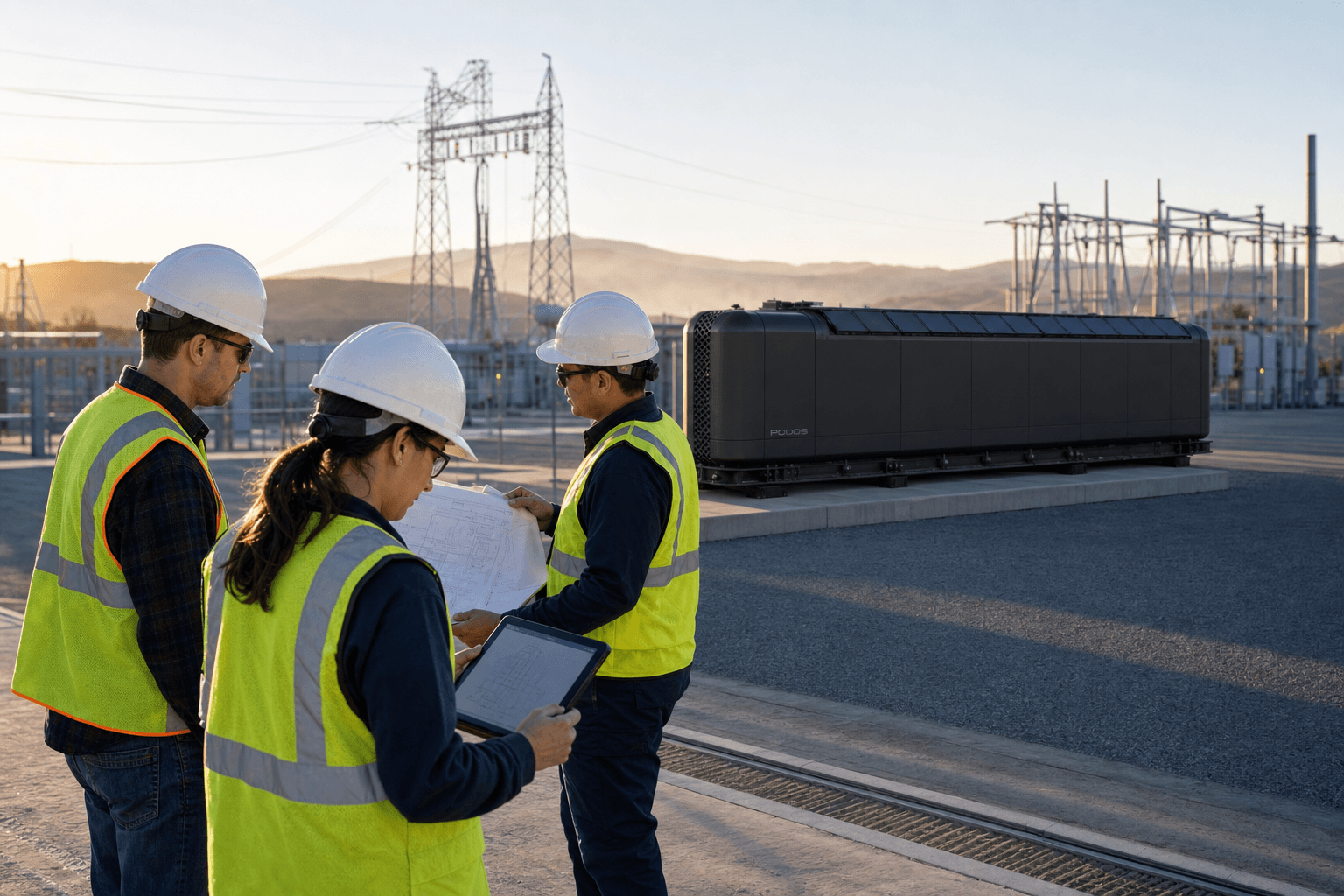 Engineers reviewing plans during a site walkthrough near power infrastructure and a PODOS unit