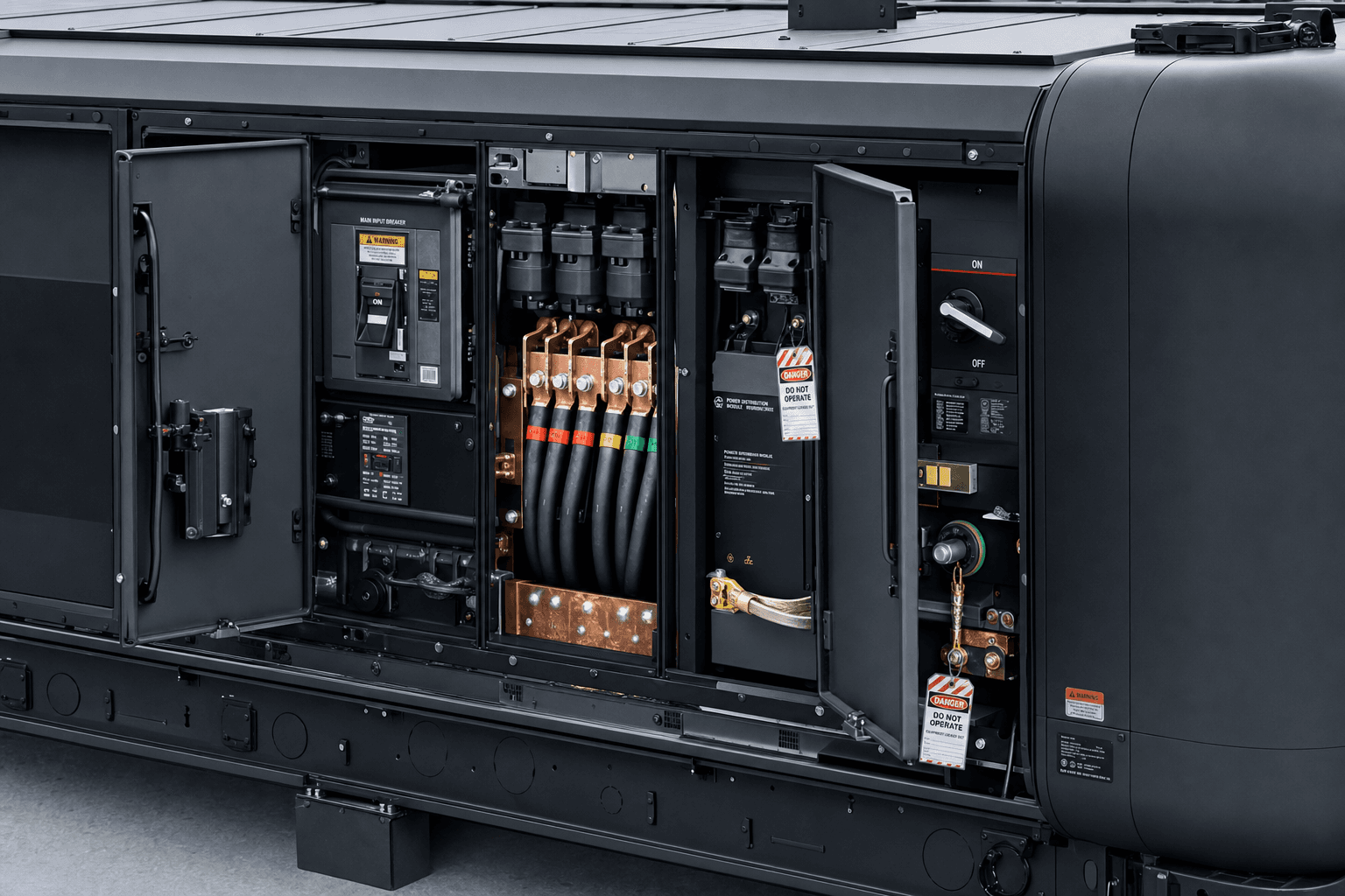 Close-up of the PODOS unit's industrial power interface and switchgear