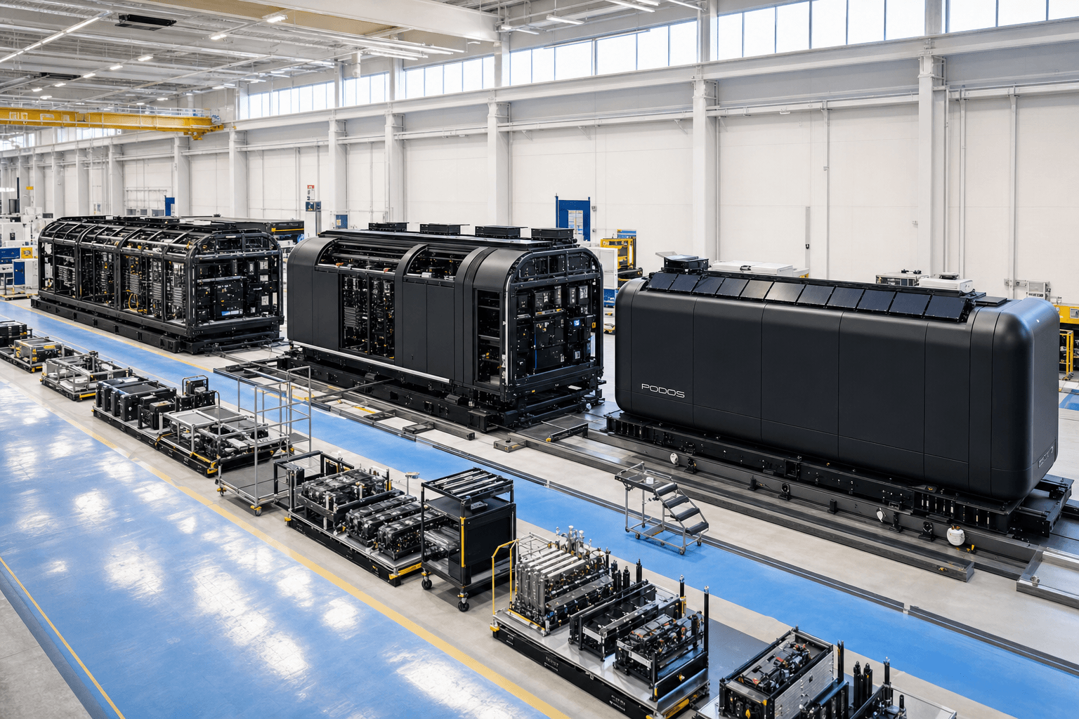 Three PODOS units in sequential assembly stages along a bright factory line
