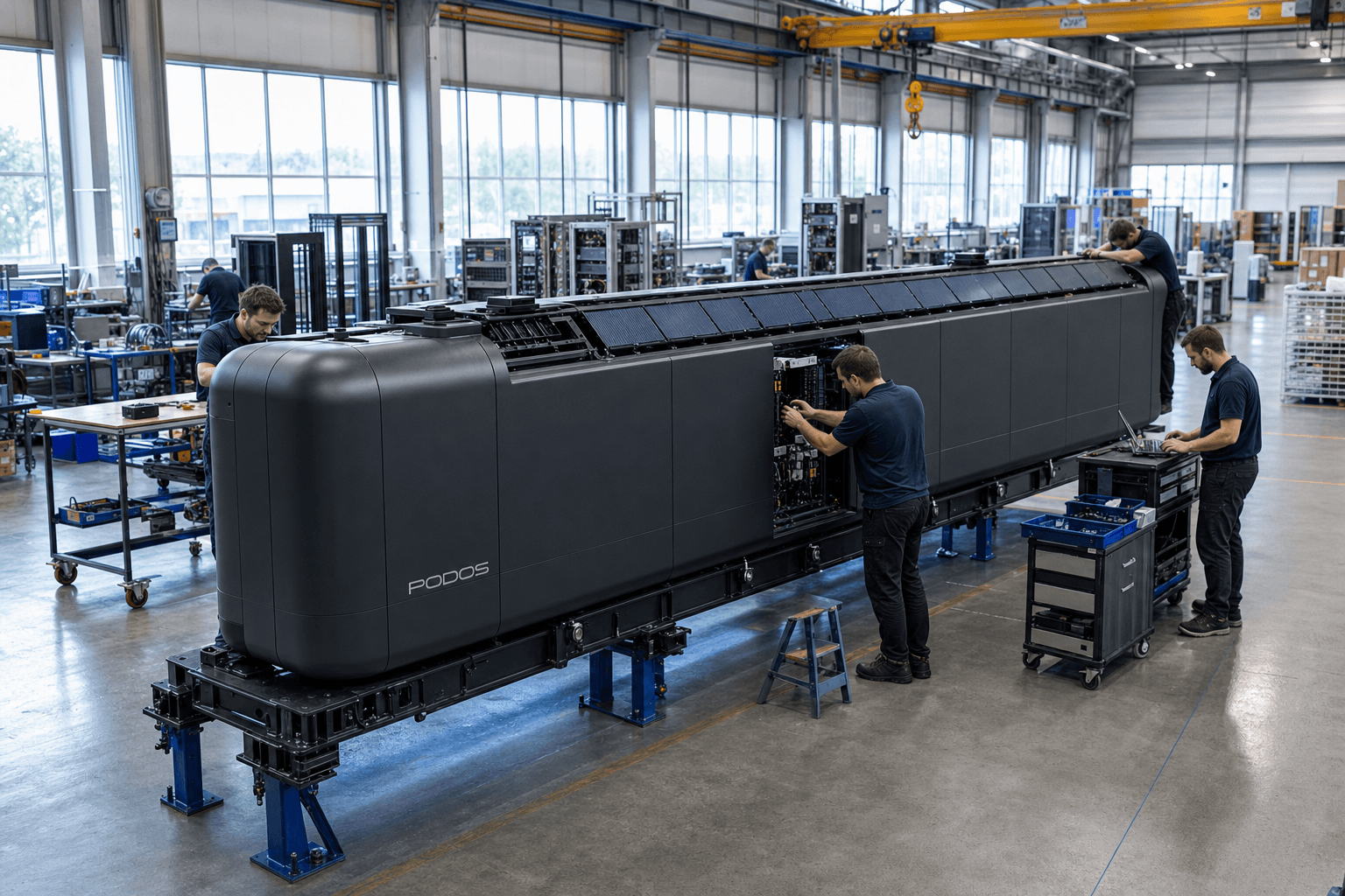 Technicians assembling a black PODOS enclosure in a bright factory with overhead crane
