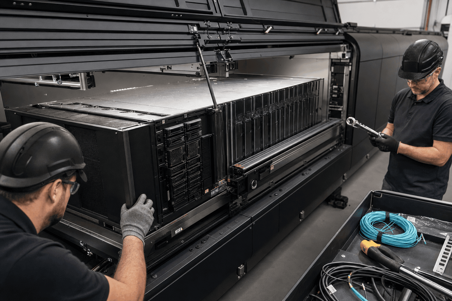 Technicians sliding a server rack into place inside the PODOS unit