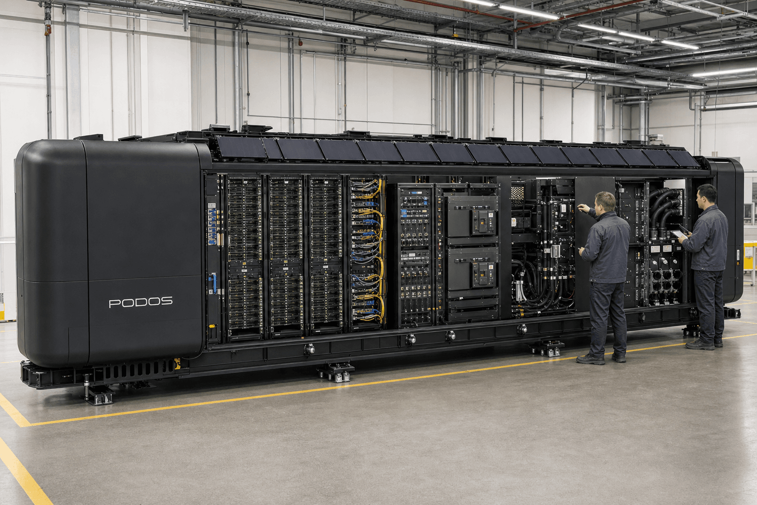 Bright interior of a PODOS unit with server racks, fiber distribution and engineers inspecting integration