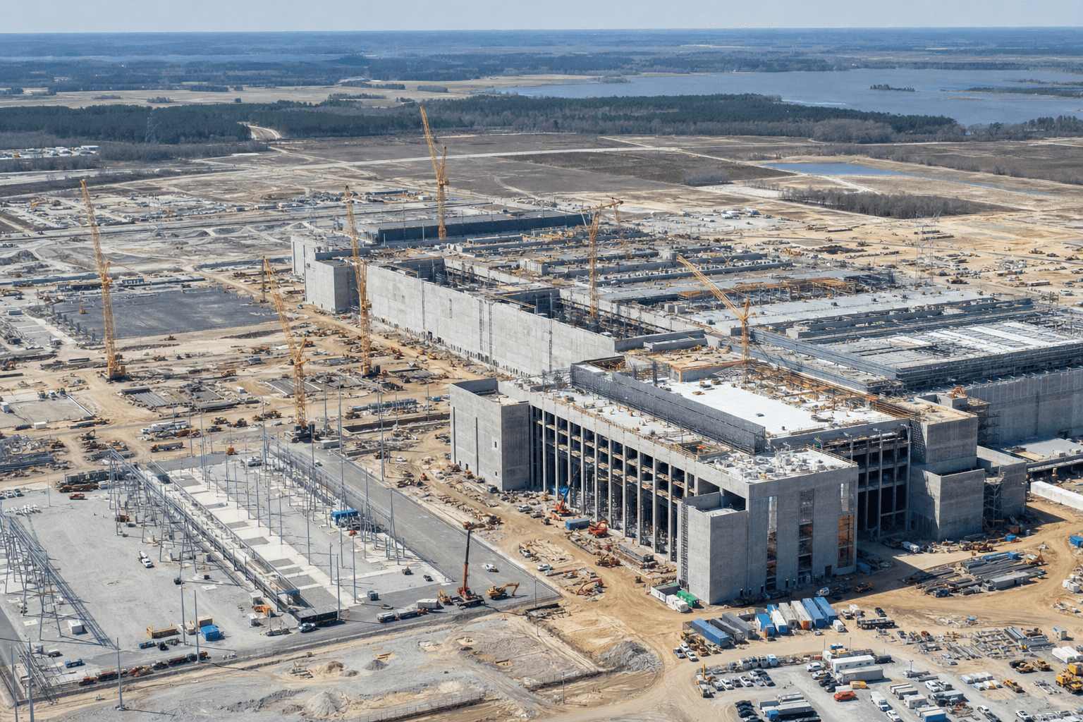 Aerial view of a massive traditional data center construction site with cranes and concrete structures