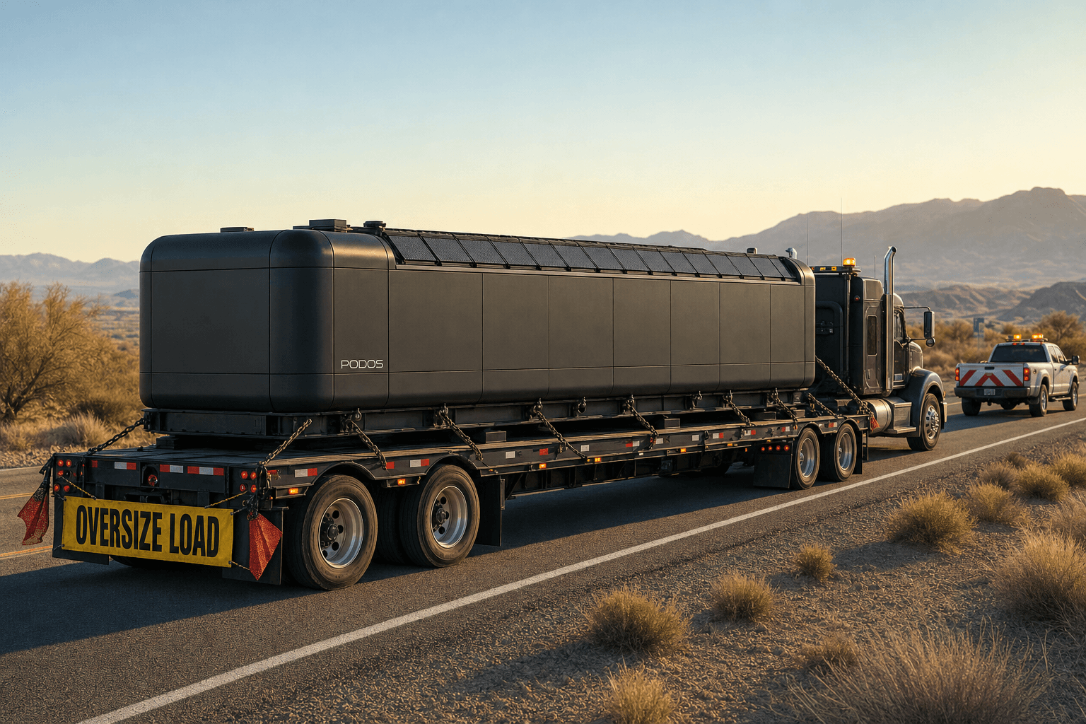 PODOS unit on a heavy transport trailer traveling a desert highway at dawn