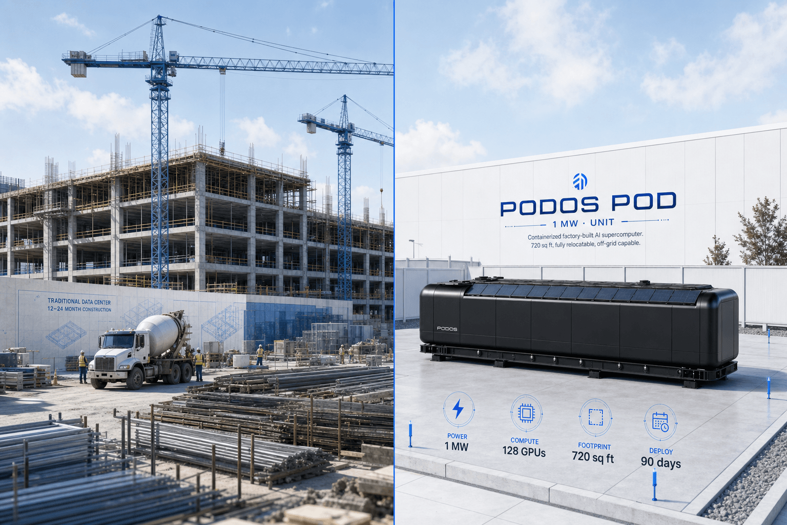 Split frame comparing a traditional data center construction site with an installed PODOS Pod