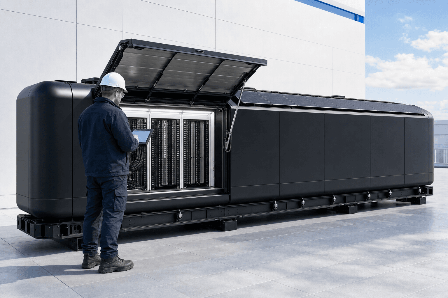 Engineer commissioning a PODOS Pod at its open service bay