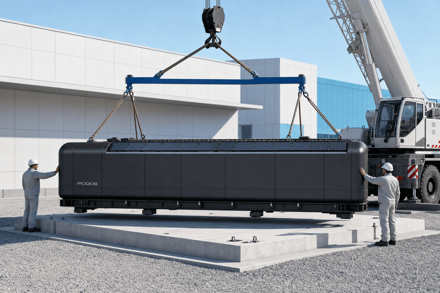 Crane lowering a PODOS Pod onto its prepared concrete pad
