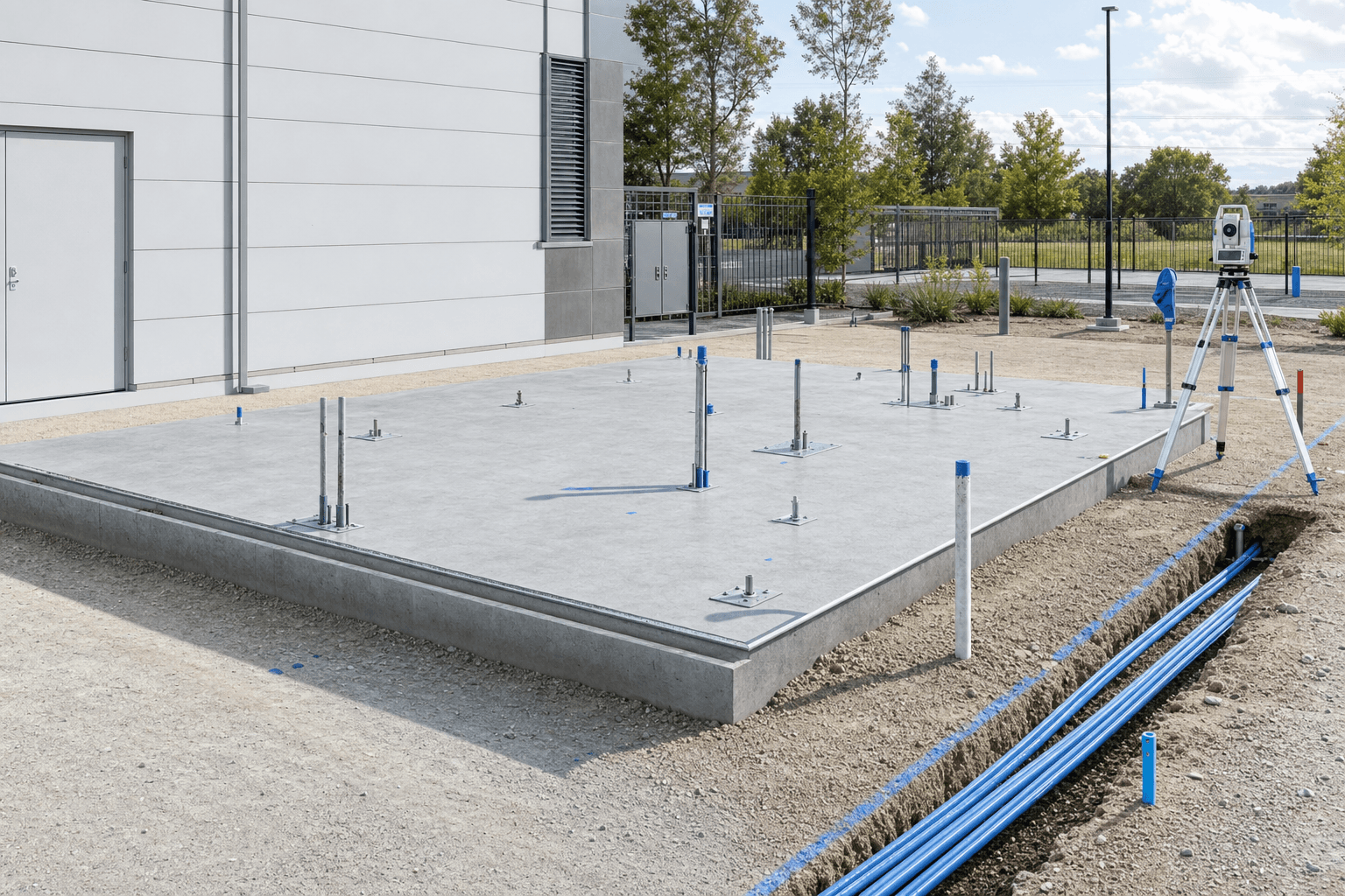 Prepared concrete pad with anchor points and conduit stub-ups awaiting a PODOS Pod
