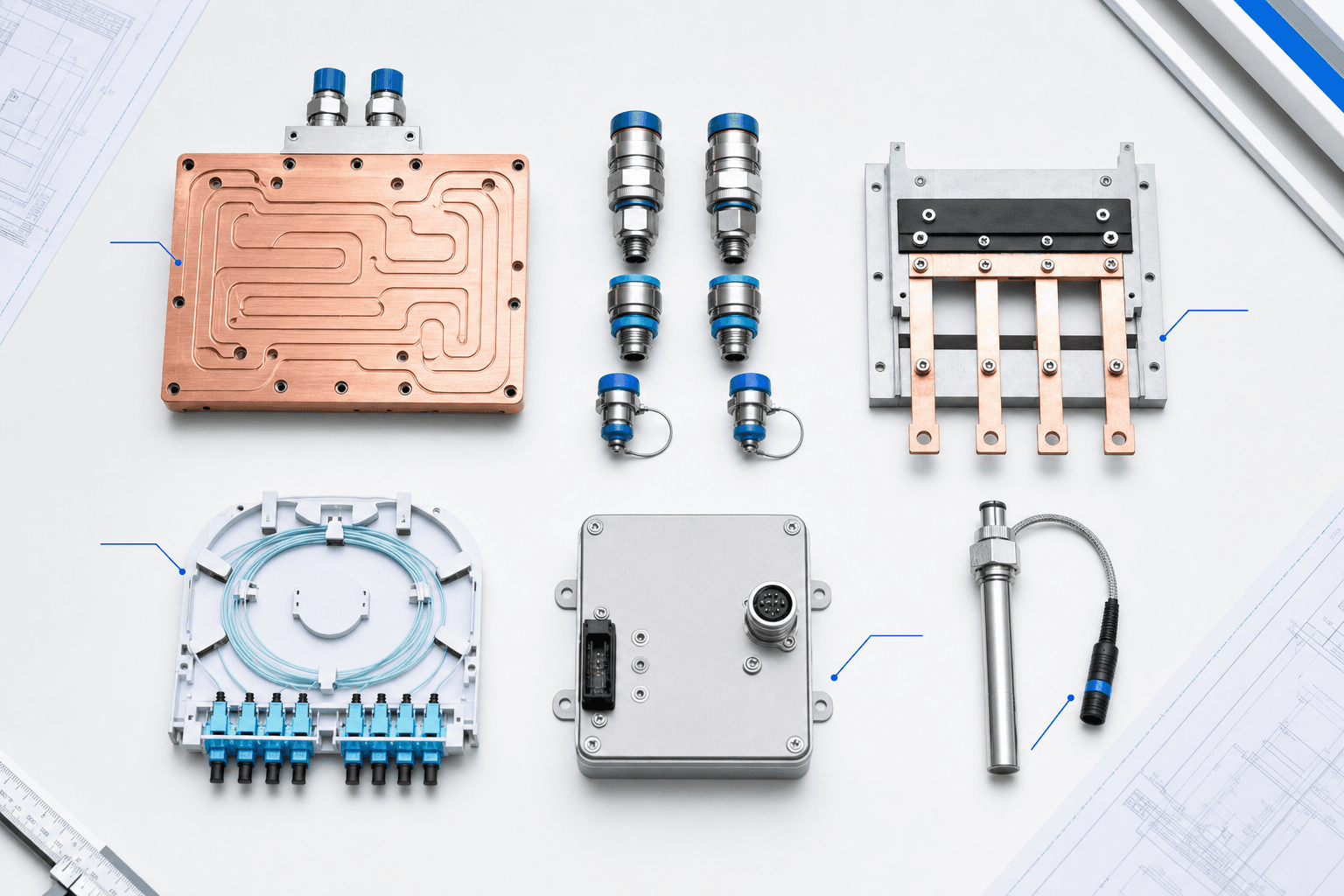 Engineering components laid out in a grid: cold plate, quick-disconnects, busbar, fiber cassette