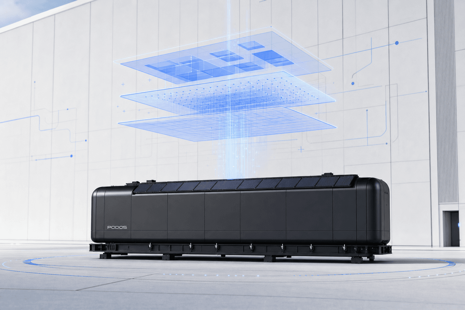PODOS Pod beneath an abstract translucent software layer, representing the integrated platform