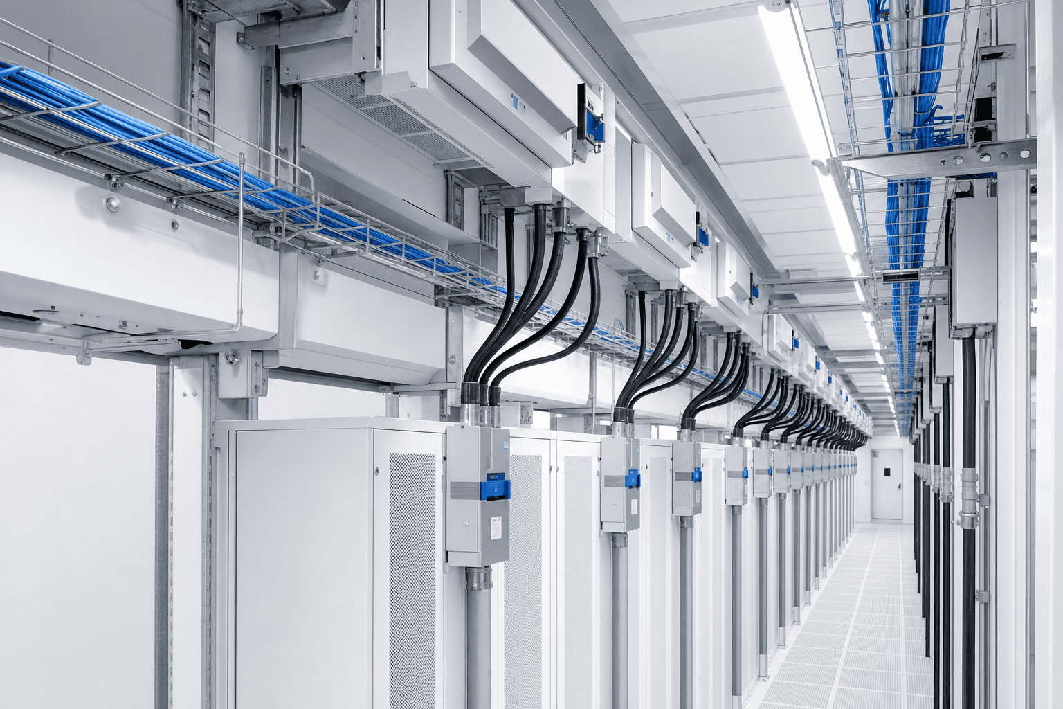 Overhead busway with tap-off boxes feeding rack positions in a bright corridor