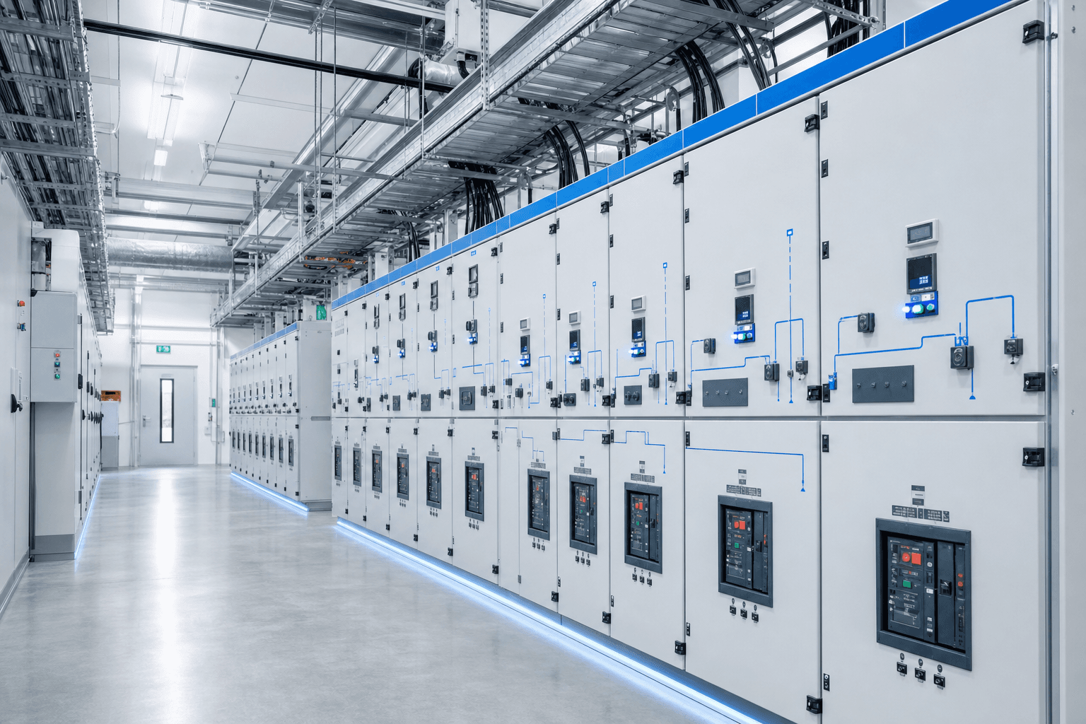 Medium-voltage switchgear lineup in a bright electrical room