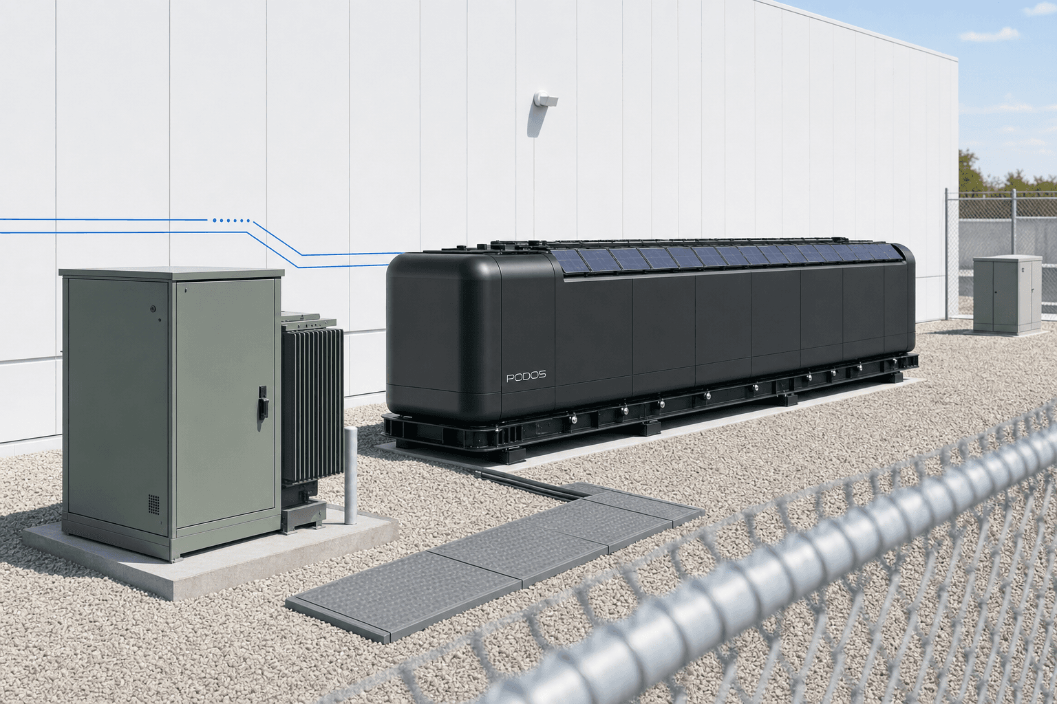 Pad-mounted transformer and interconnection cabinet feeding a PODOS Pod