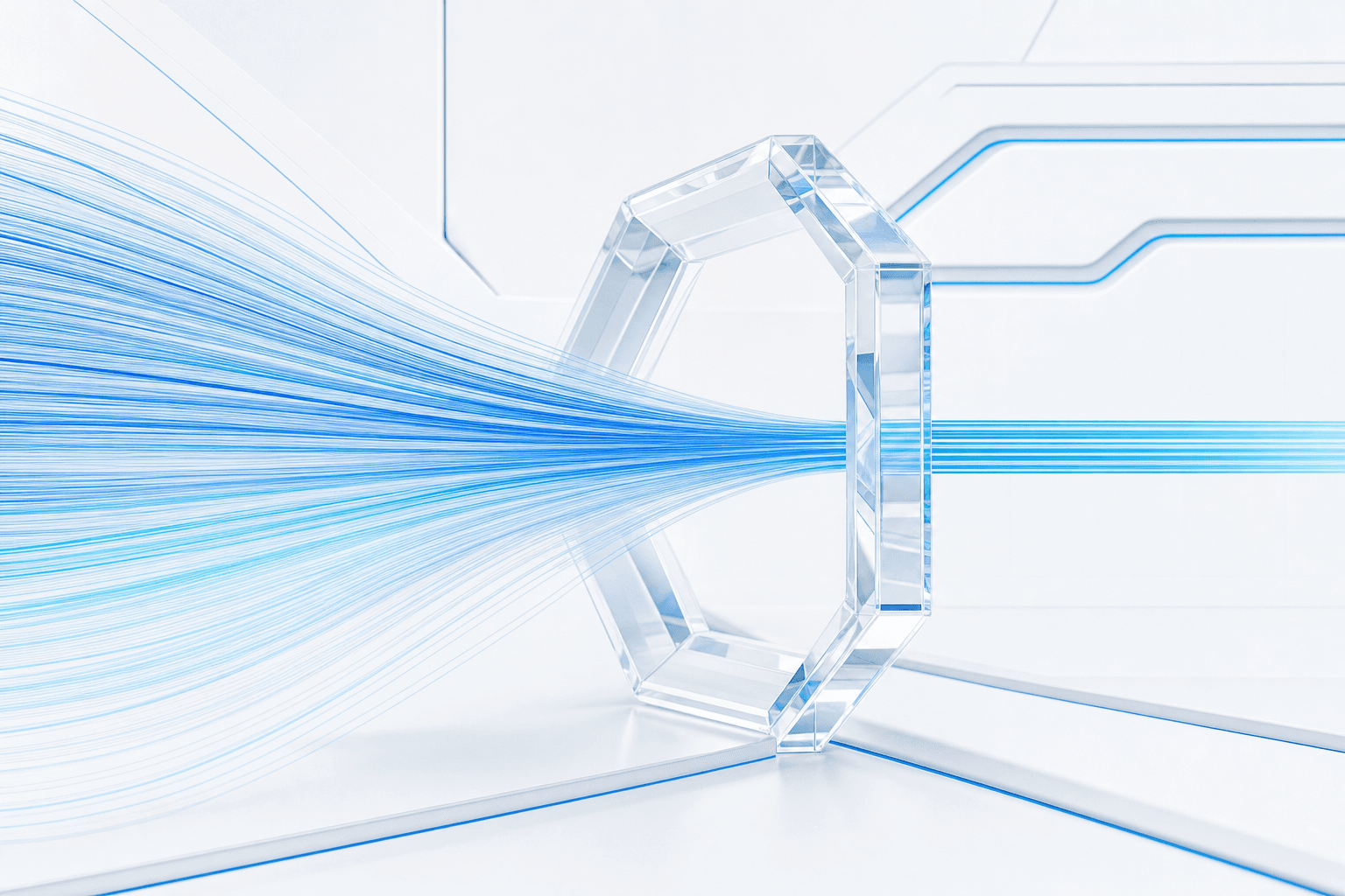 Abstract data stream narrowing through a crystalline gate, representing inference efficiency