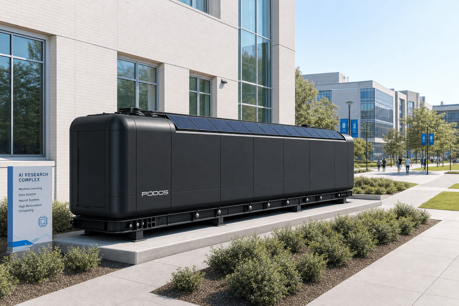 PODOS Pod sited behind a university research building