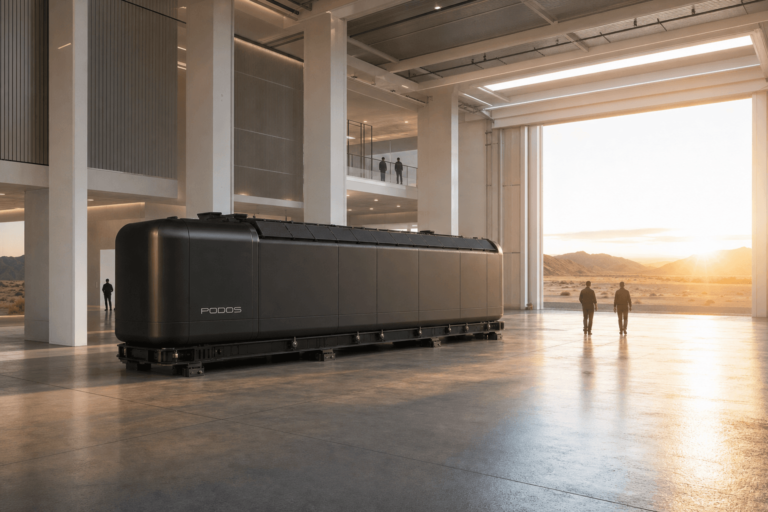 PODOS unit in a vast bright hall at sunrise with an open portal to warm desert light