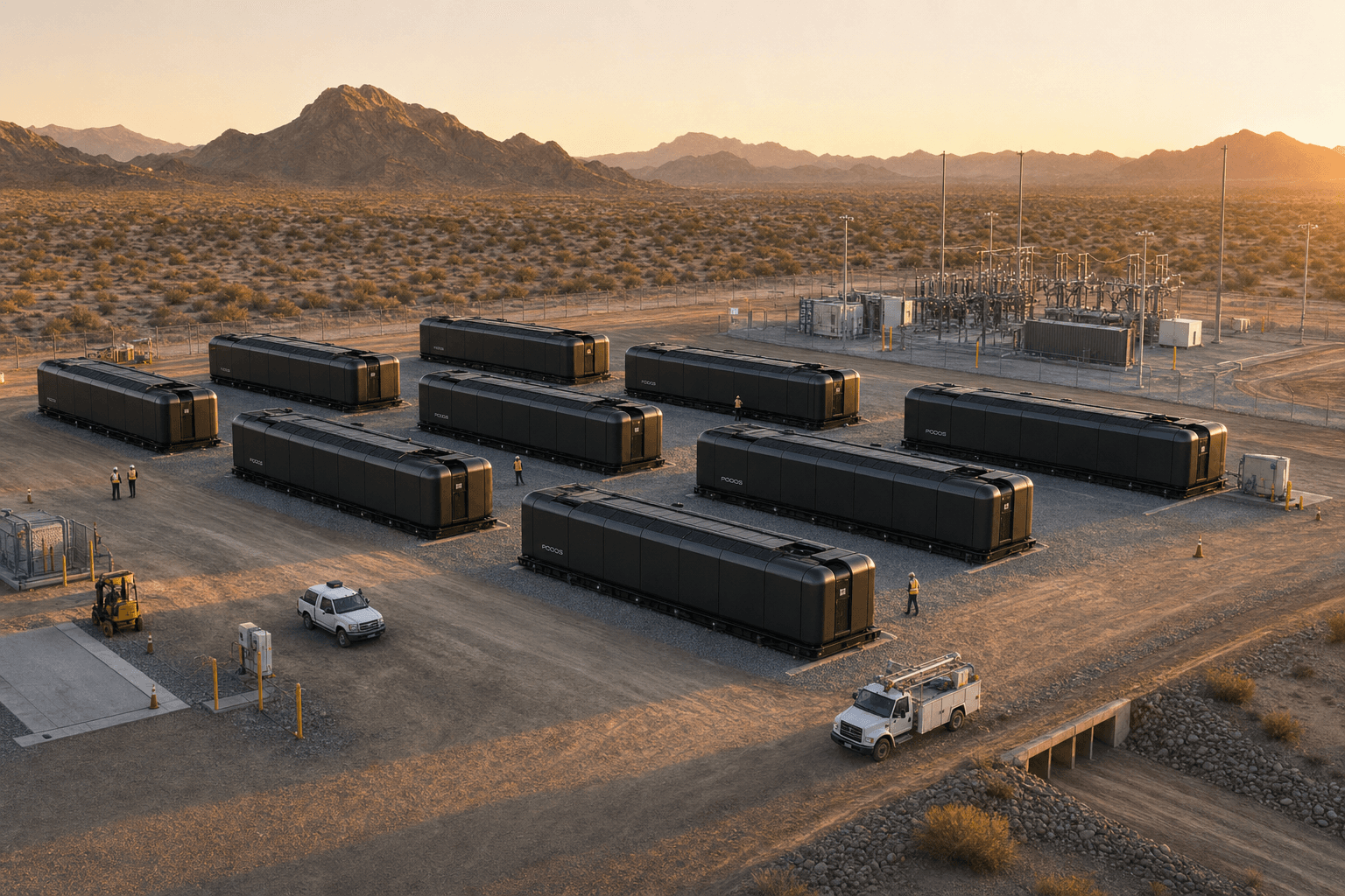 Aerial dawn view of a realistic campus of about ten PODOS units with substation and service roads