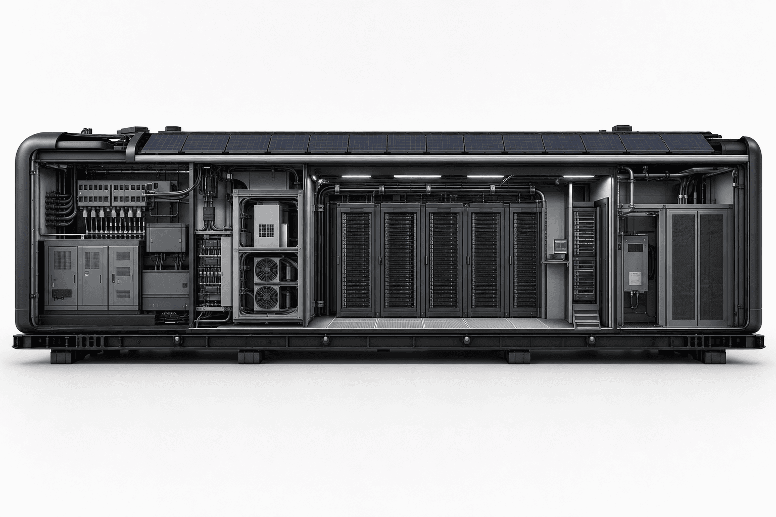 Cutaway view of a PODOS unit revealing power, cooling, server racks, networking and service zones