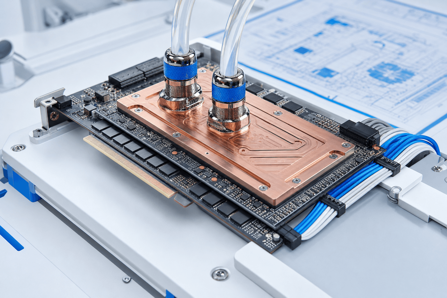 Copper direct-to-chip cold plate with coolant fittings mounted on a GPU module