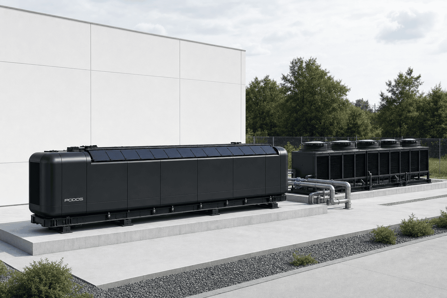 Dry cooler heat-rejection units connected to a PODOS Pod on a concrete pad