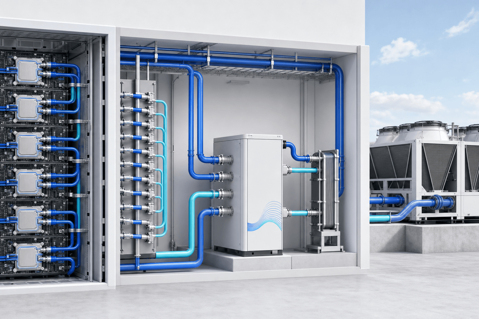 Cutaway of a two-loop direct-to-chip cooling system from cold plates through the CDU to exterior dry coolers