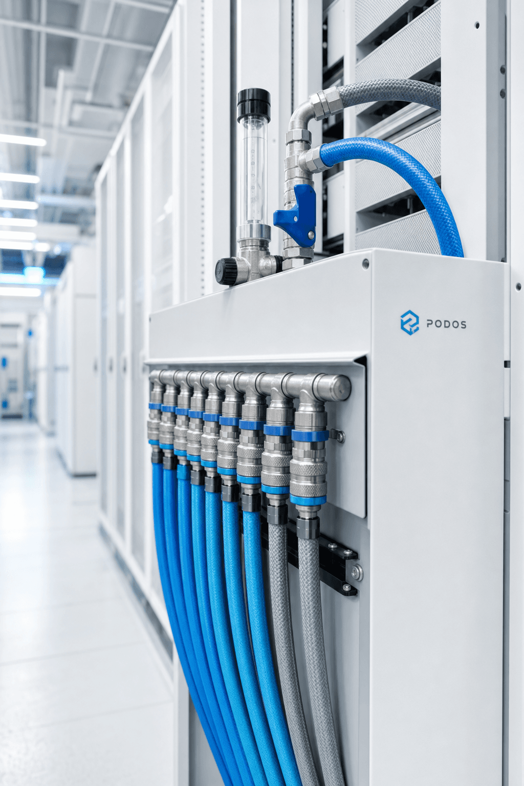 Rack-level coolant manifold with dripless quick-disconnect couplings and flow instrumentation