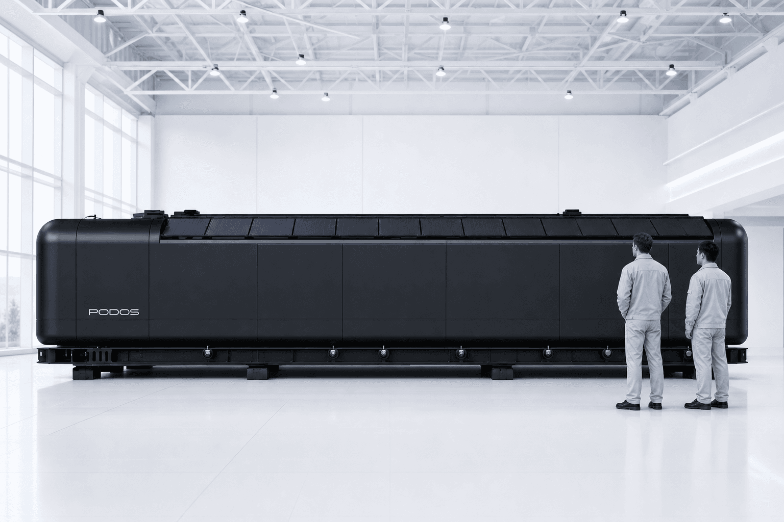 Engineers standing beside a PODOS Pod showing its 40-foot scale