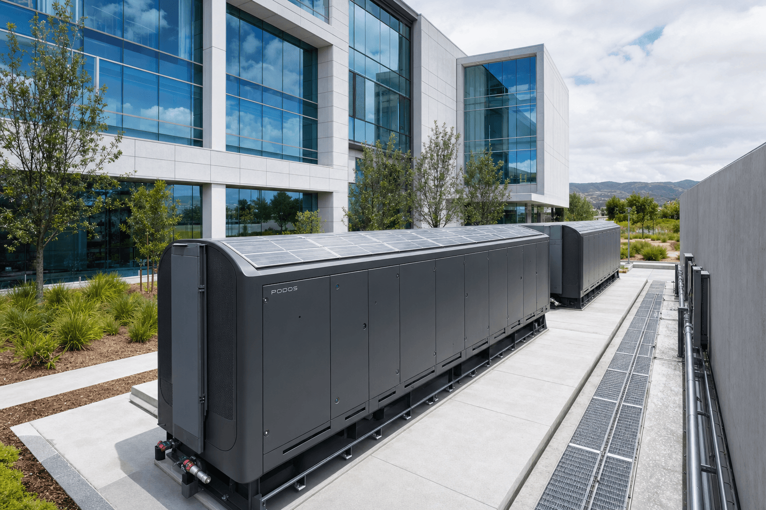 Two PODOS Pods sited on a pad beside a modern corporate headquarters building