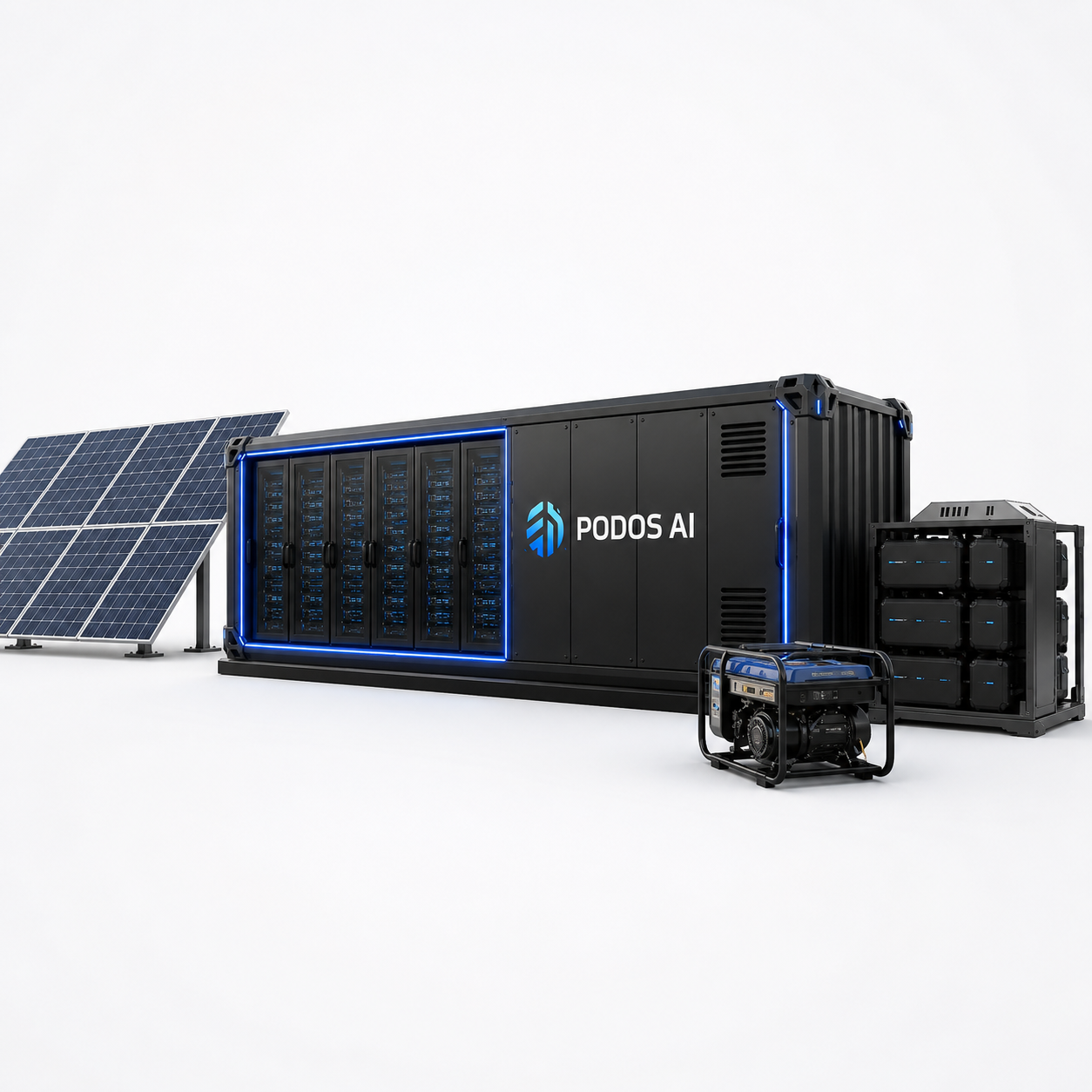 PODOS pod paired with adjacent solar array, battery bank, and backup generator on a clean studio floor.