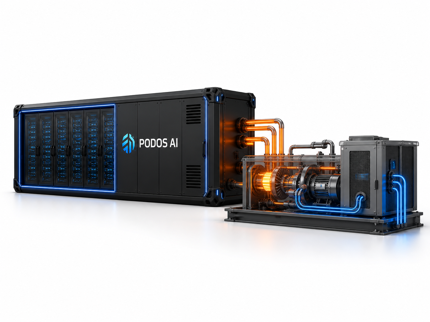 PODOS pod connected to an ORC heat-recovery engine via copper waste-heat pipes returning grid-synchronous electricity.