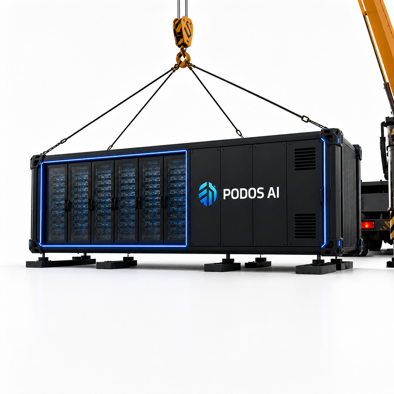 Crane placing the PODOS pod on removable foundation supports — no concrete slab, no water infrastructure required.